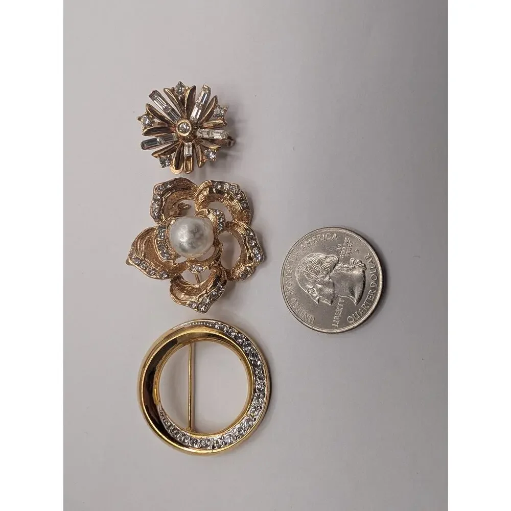 VTG Fashion Brooch Pin Lot 1 is Trifari Signed Rhinestone Pearl Gold Tone 3 Pcs